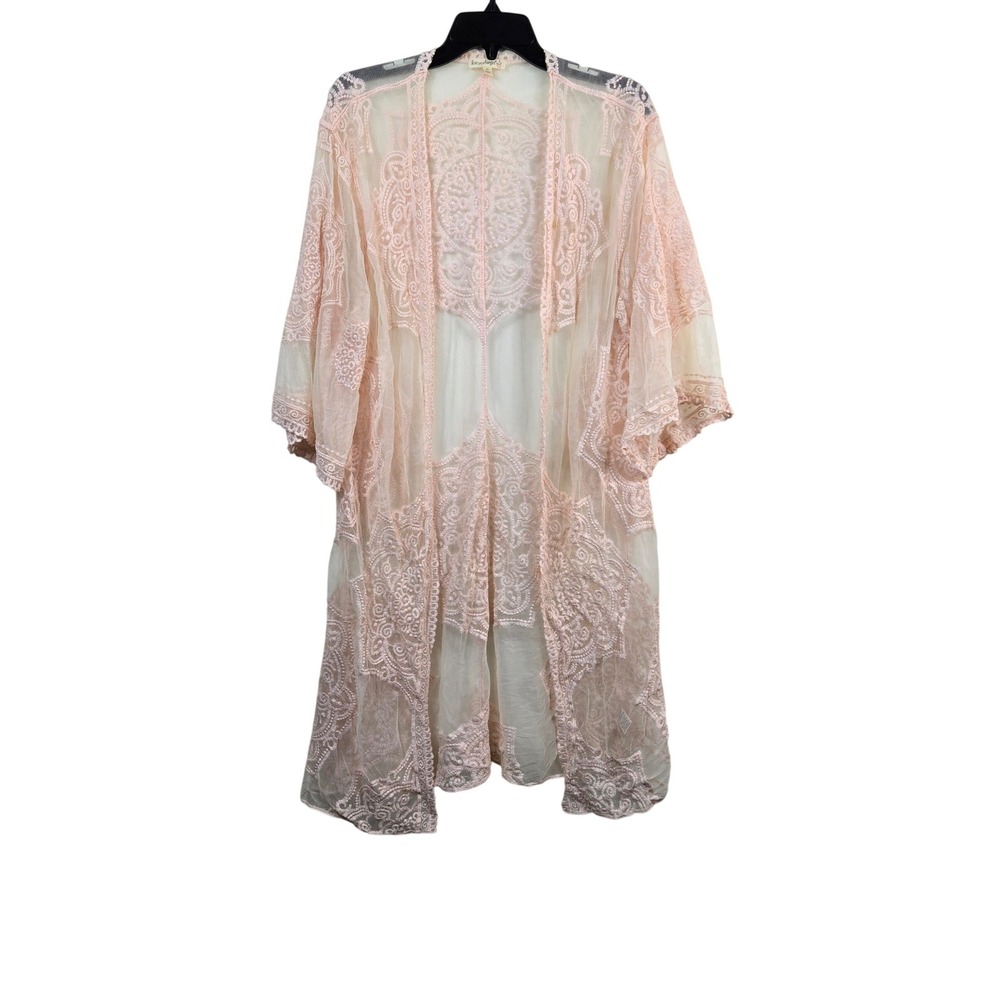 Love on a Hanger Wmen Pink Lace Mesh Embroidered Kimono Open Duster Fairycore XL